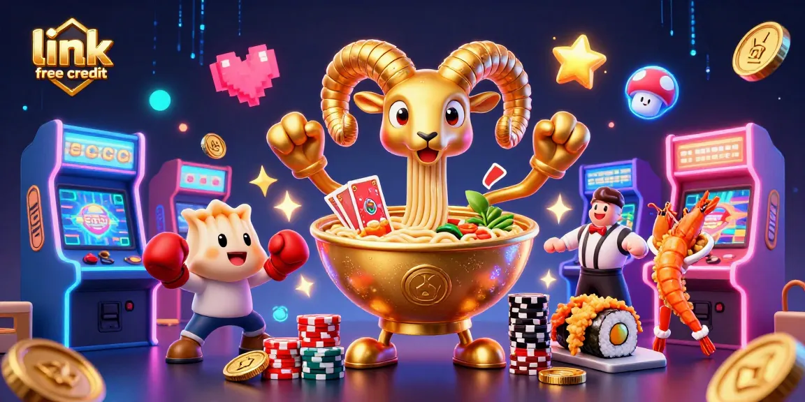Win with link free credit in a vibrant, dynamic casino-themed 3D illustration featuring animated characters.