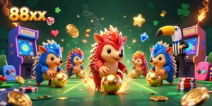 Experience exciting gameplay with 88xx as pangolins roll golden balls and game elements fill the scene.