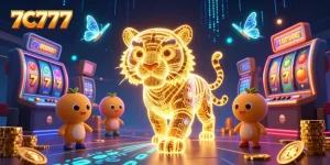 Experience the excitement of 7C777 with vibrant slot reels and neon characters in a dynamic casino scene.