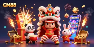 Experience CM88's vibrant slot games with a lively Chinese New Year dance scene.