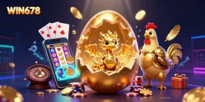 WIN678 showcases a golden dragon amidst poker chips and thrilling game elements, highlighting excitement in online gaming.