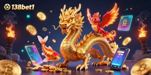 Experience thrilling gaming moments with 138bet1, showcasing golden dragon amidst coins and crypto elements in a vibrant scene.