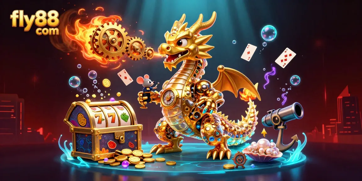 Experience the thrill at fly88 com with a dazzling scene of a golden dragon and slot game elements.