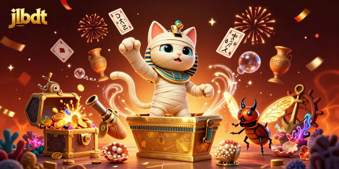 Engage in thrilling action at jlbdt with an epic scene of a mummy cat and treasures.