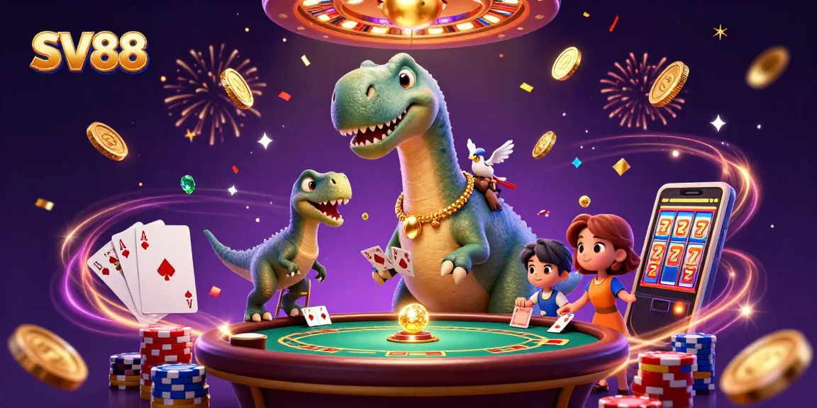 Experience SV88's thrilling casino action with a giant cartoon dinosaur engaging in poker