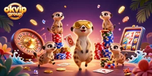 Capture the excitement at okvip group’s lively casino scene with meerkats running the show.