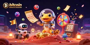 Immerse yourself in bitcoin casinos in australia with a Martian gecko exploring a golden casino on Mars.