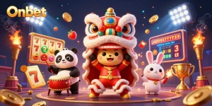 Join the excitement at Onbet as characters celebrate with a lion dance amidst dynamic gaming elements.