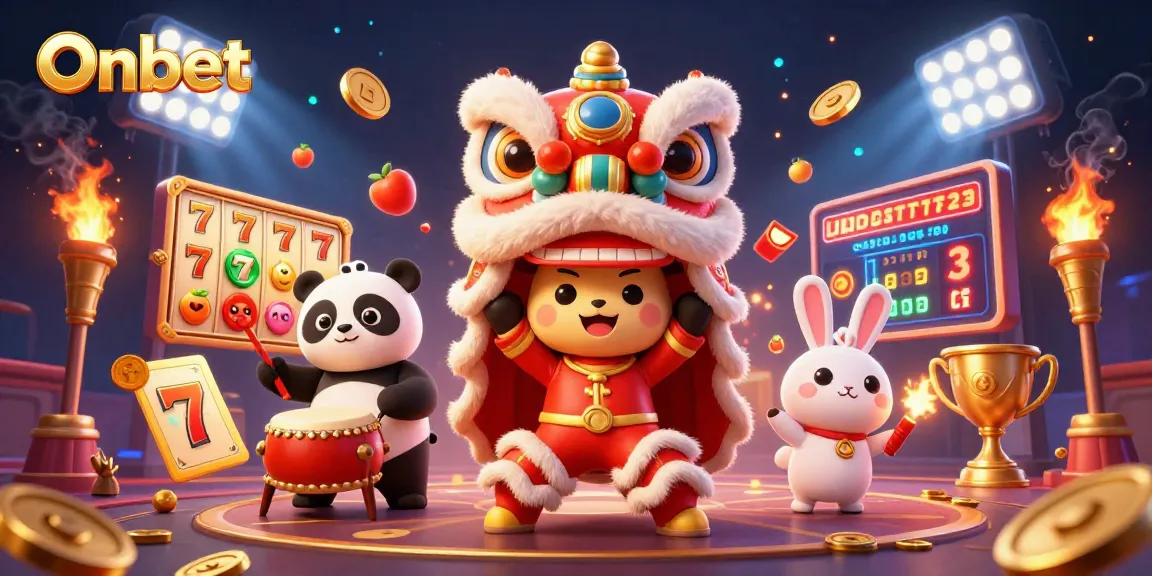 Join the excitement at Onbet as characters celebrate with a lion dance amidst dynamic gaming elements.