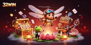 Experience thrilling action with 32WIN as the dragonfly pilot hovers above a vibrant lily pad casino, showcasing dynamic gaming elements.