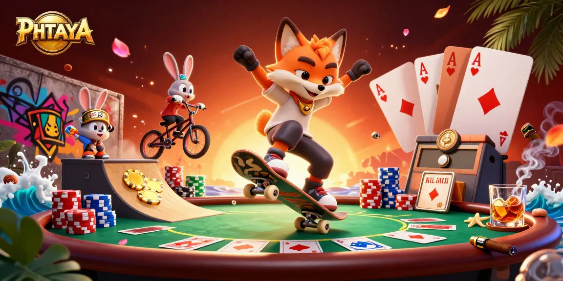 PHTAYA showcases a lively casino environment featuring a skateboarder fox and rabbit performing tricks over golden poker chips.
