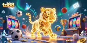 Experience the excitement of td88's casino games with a vibrant, dynamic 3D illustration showcasing thrilling gameplay elements.