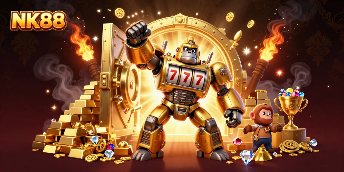 Revel in thrilling gameplay with NK88, showcasing a dynamic golden gorilla mech amidst bursting treasures and casino elements.