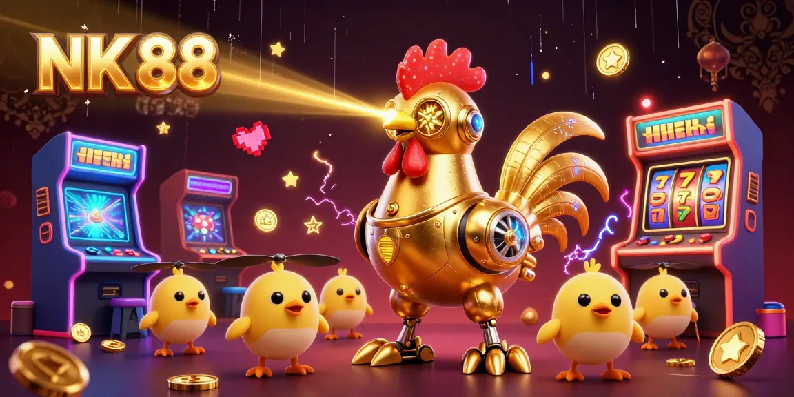 Engage in a thrilling experience with NK 88's lively casino-themed scene showcasing a golden rooster robot amidst vivid gaming elements.