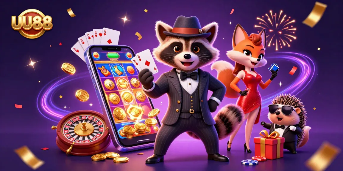 Experience the excitement of UU88 with a raccoon, fox, and hedgehog amidst vibrant casino elements.