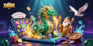 Experience exhilarating gaming adventures with DA88, featuring a magical dragon, wise turtle, and lucky cranes in a vibrant casino world.