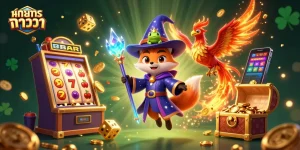 Play ทดลอง บาคาร่า in an enchanting casino scene featuring a wizard fox, fiery phoenix, and rich game elements.