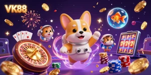 VK88 casino character illustration showcasing an astronaut corgi in zero gravity with floating coins and a hamster operator