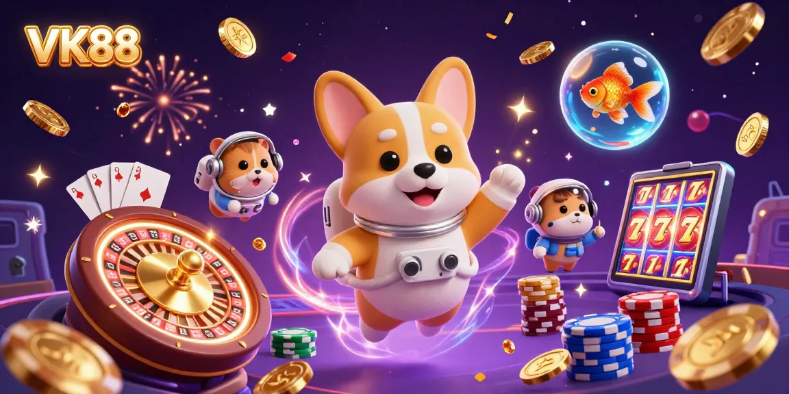 VK88 casino character illustration showcasing an astronaut corgi in zero gravity with floating coins and a hamster operator