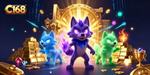 C168's gaming adventure captured in an enchanting 3D illustration with glowing wolf characters and treasure.