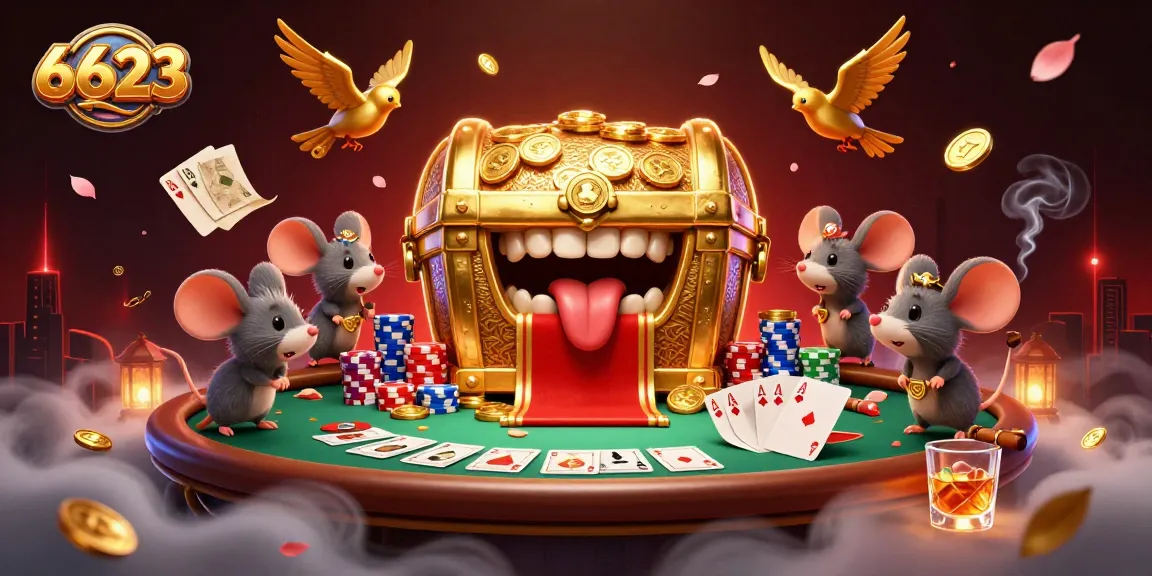 Engage with 6623's thrilling 3D cartoon scene showcasing a treasure chest and poker elements.