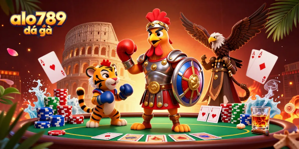 Exciting cockfighting action at alo789 đá gà featuring a rooster gladiator and a tiger cub.