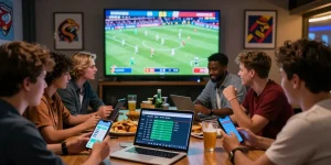 Exciting live sports betting atmosphere at BOLA88 with diverse fans analyzing Daftar Bola88 odds.