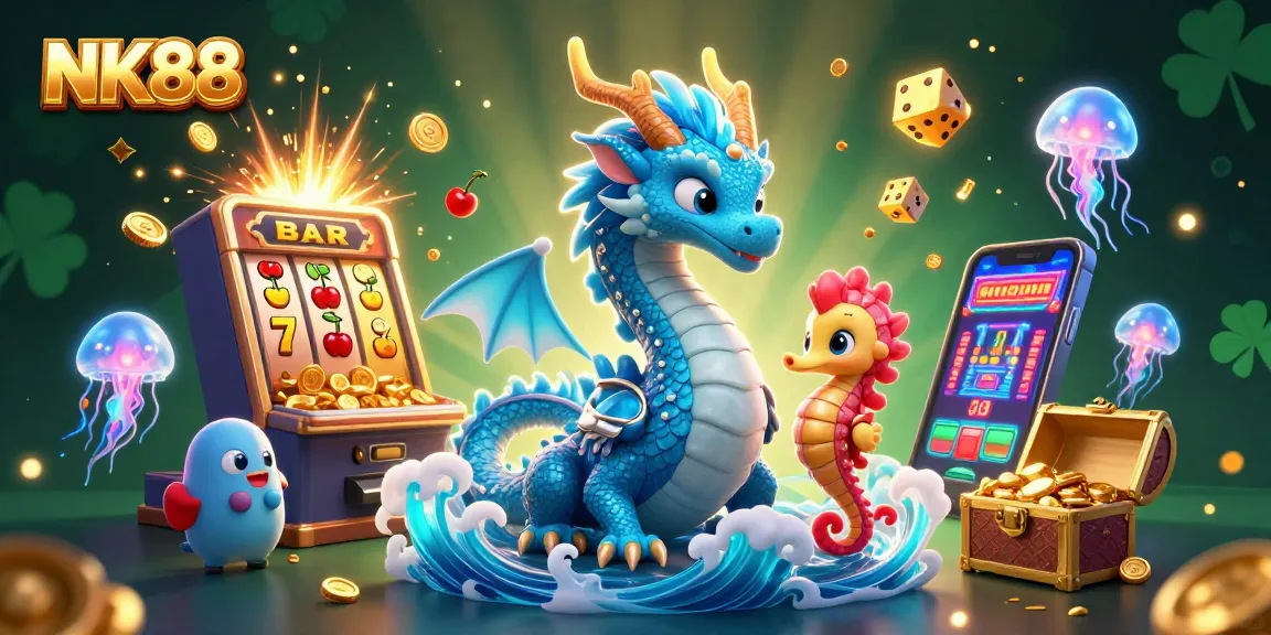 Experience thrilling wins at NK88 with a majestic water dragon and vibrant casino elements.