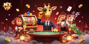Experience the excitement of M3 VIP with a high-roller giraffe at an extravagant poker table.