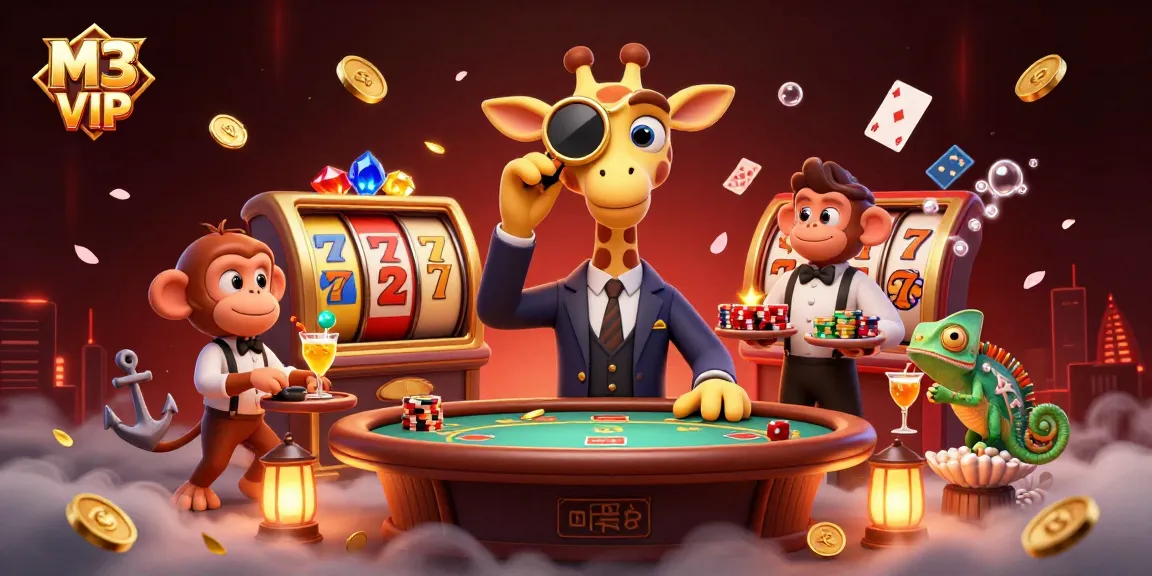 Experience the excitement of M3 VIP with a high-roller giraffe at an extravagant poker table.