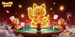 Engage with the New88 game experience as golden fireflies form a lucky cat amid vibrant casino elements.