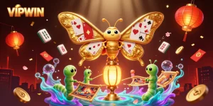 Engage with VIPWIN through a vibrant 3D illustration of a golden-winged moth amidst festive casino elements.