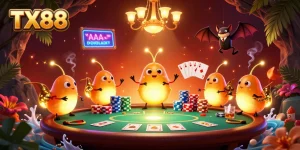 Experience the excitement of TX88 with a vibrant casino scene illuminated by glowing characters and dynamic poker elements.