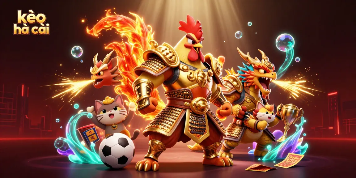 Engage with kèo nhà cái through a vibrant, dynamic illustration of a rooster warrior, a dragon hatchling, and a cheering fortune cat amidst thrilling sports elements.