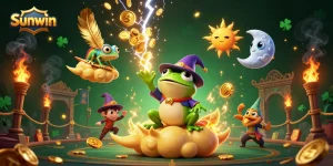 Experience thrilling moments with Sunwin as the cartoon wizard frog conjures golden coins amidst a vibrant casino adventure.