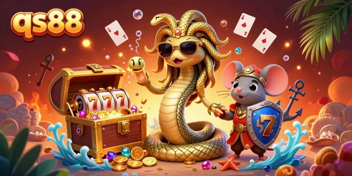 Engage with qs88 in a vibrant casino scene featuring Medusa and a warrior mouse amidst shimmering treasures.