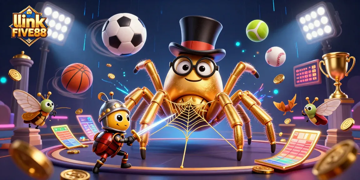 Engage with thrilling gaming action featuring link FIVE88, a vibrant casino scene with characters and sports elements.