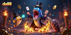 da88 offers gamblers vibrant experiences with a bioluminescent eel performing card tricks in a magical casino scene.