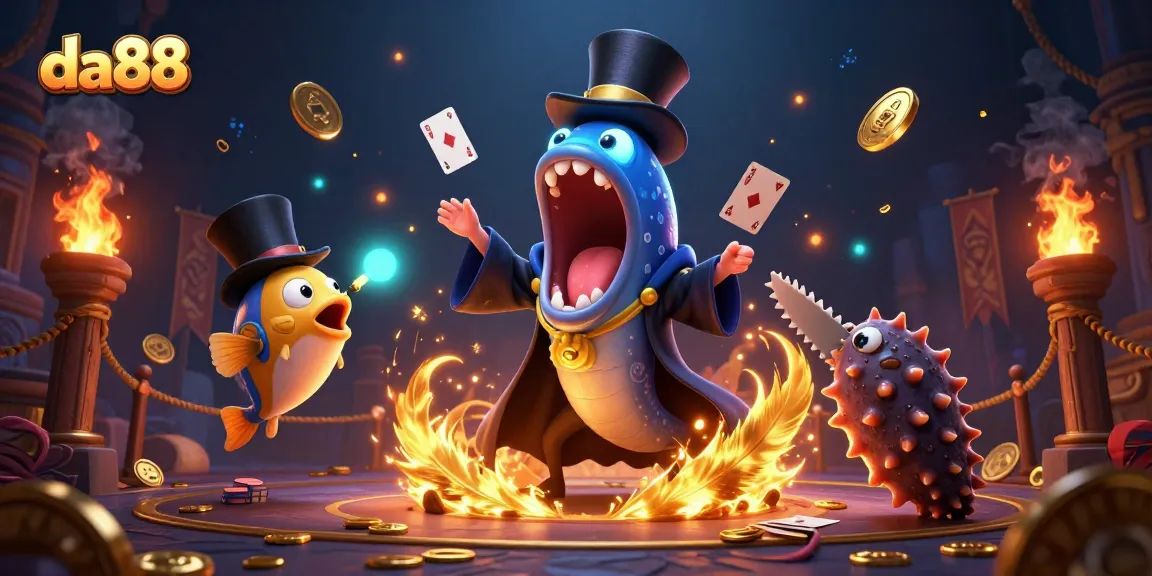 da88 offers gamblers vibrant experiences with a bioluminescent eel performing card tricks in a magical casino scene.