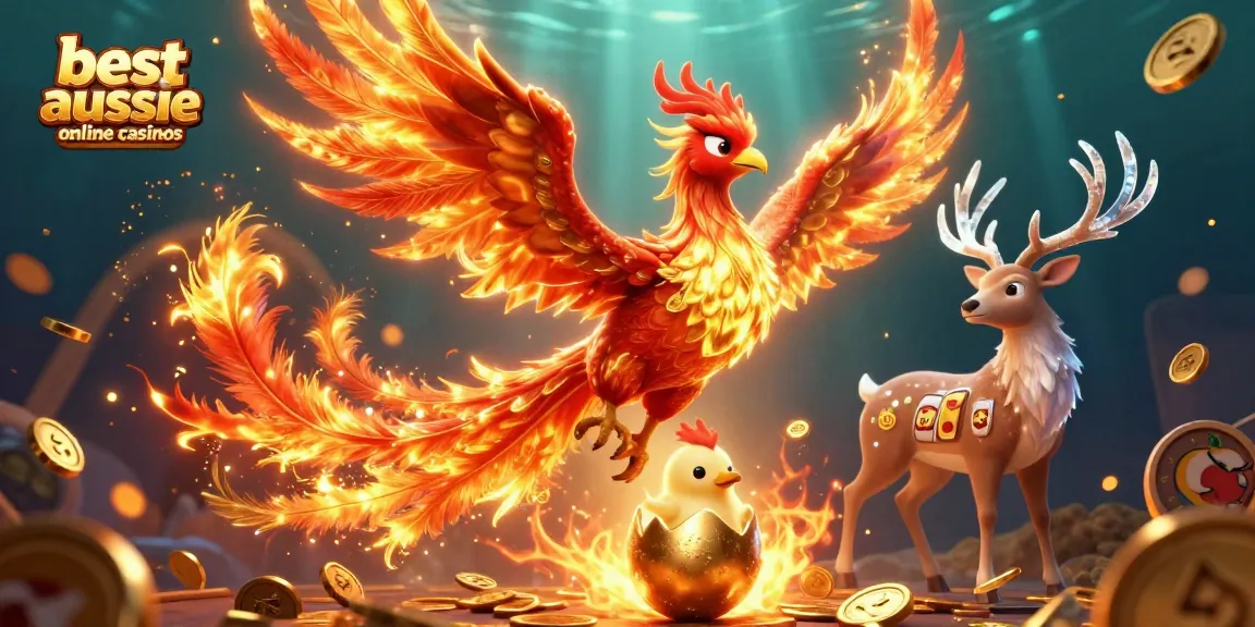 Engage with the best aussie online casinos through dynamic 3D art showcasing a phoenix and exciting gaming elements.