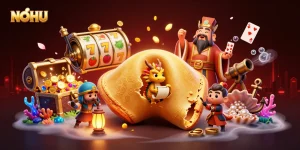 Experience thrilling NOHU jackpot slots with colorful characters in a dynamic casino-themed illustration.