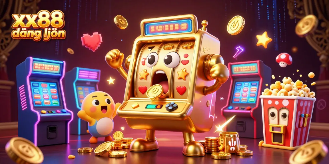 Experience xx88 đăng nhập with a cheerful golden slot machine hitting a jackpot amid a vibrant casino scene.