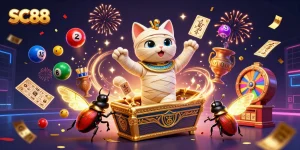 SC88 pyramid casino scene featuring mummy cat and scarab beetle with vibrant lottery elements.
