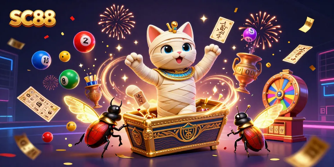 SC88 pyramid casino scene featuring mummy cat and scarab beetle with vibrant lottery elements.