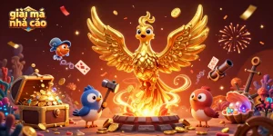 Experience the thrill of giải mã nhà cái as the golden phoenix reveals magical casino secrets amidst a treasure-filled scene.