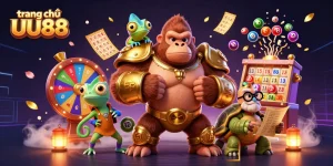 Experience the exciting world of trang chủ UU88 with vibrant 3D gambling illustrations featuring colorful lottery balls and lively characters.