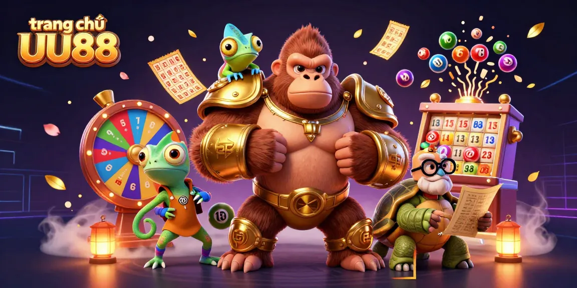 Experience the exciting world of trang chủ UU88 with vibrant 3D gambling illustrations featuring colorful lottery balls and lively characters.