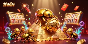 Experience excitement with 11WIN as golden beetles celebrate wins in a dynamic casino scene.