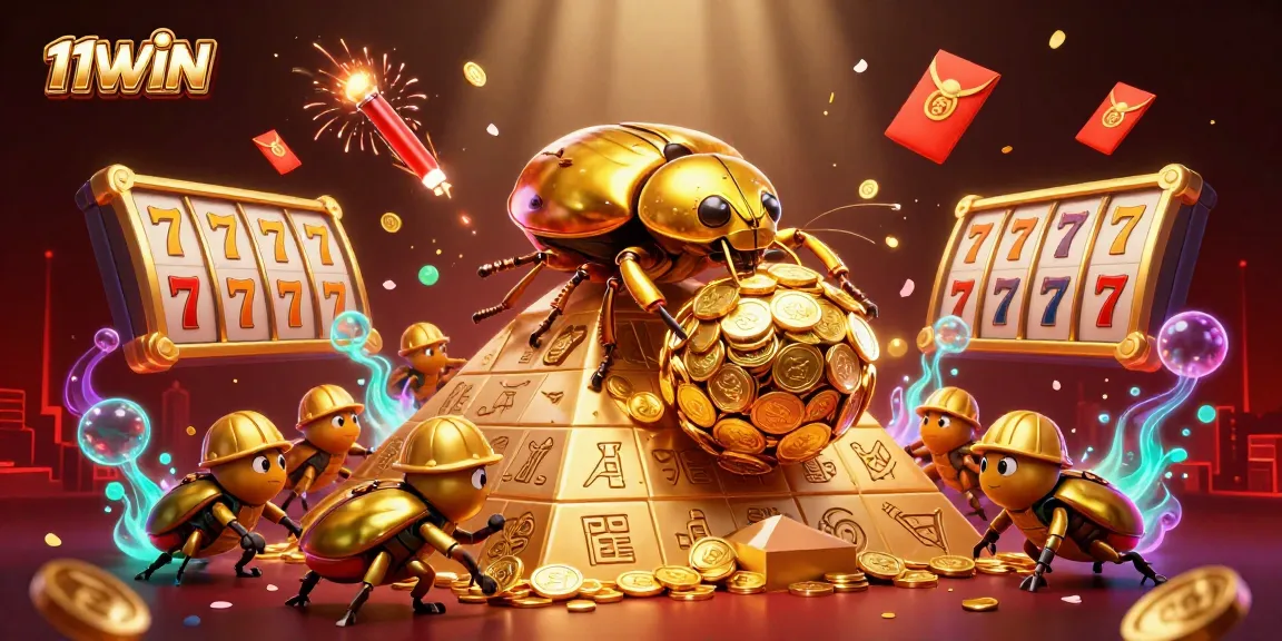 Experience excitement with 11WIN as golden beetles celebrate wins in a dynamic casino scene.