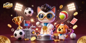 Experience the excitement of Lu88 with a vibrant 3D illustration showcasing a mad scientist cat and sports elements.